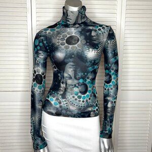 Vintage 2000s IPSE GAZEBO Italy Abstract Face Mesh Sheer Turtleneck Top T1 XS/S